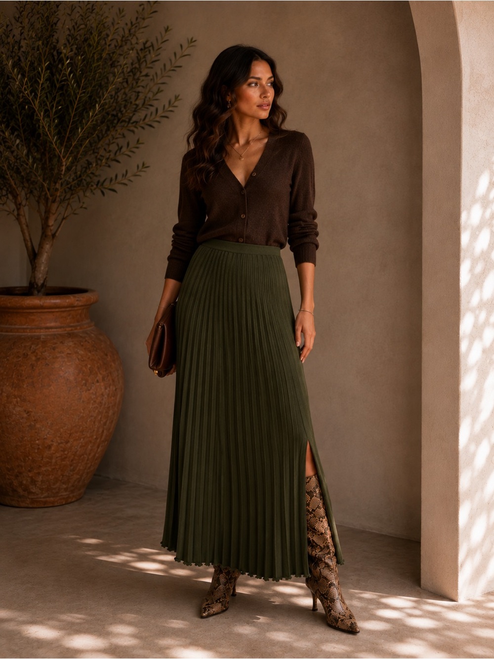 Commense Army Green Pleated Knit Midi Skirt XS | Dark Academia
